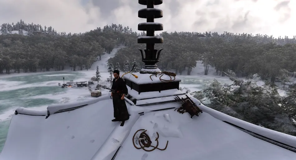 Sube a la pagoda alta del templo Jogaku para encontrar la diadema Crooked Kama de Vanity Gear.  Si actualizas tu vestimenta de viajero, úsala y tu controlador debería parpadear cuando estés cerca.