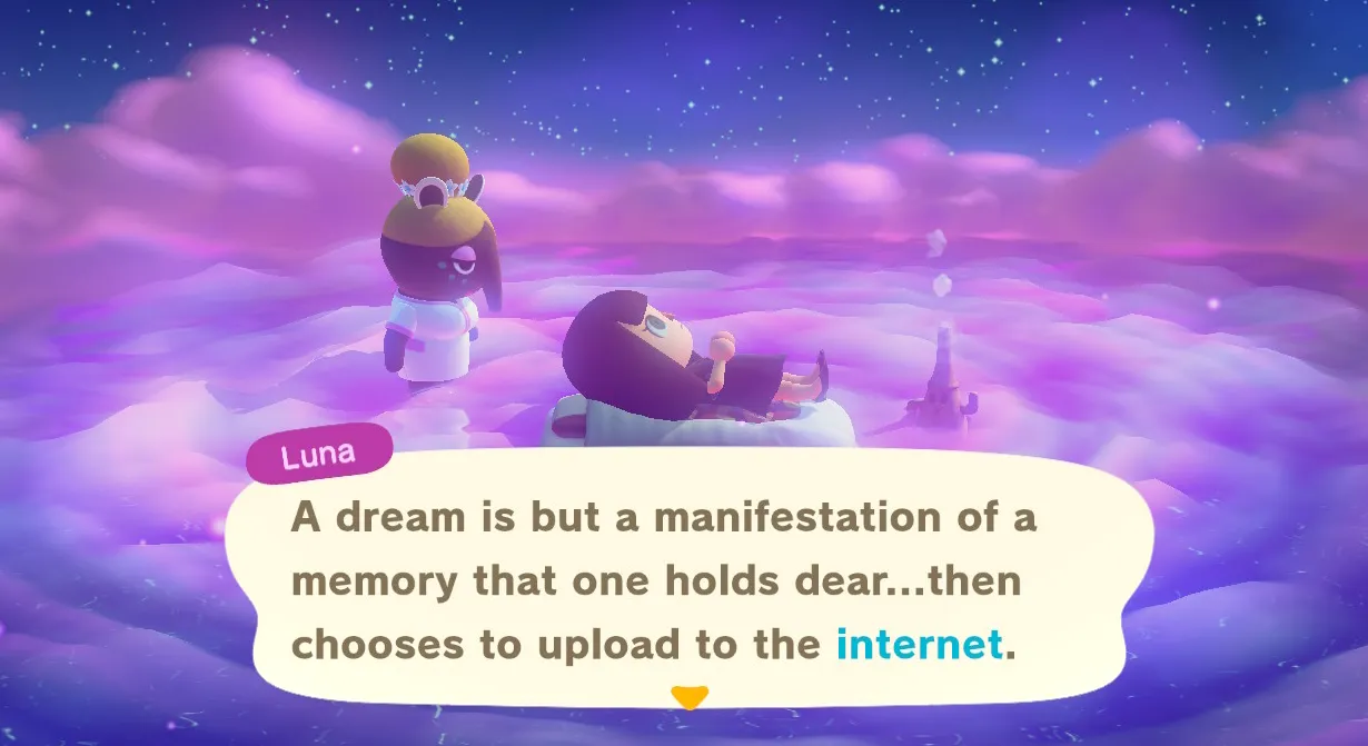 Luna explicando los conceptos básicos de los sueños en Animal Crossing: New Horizons.