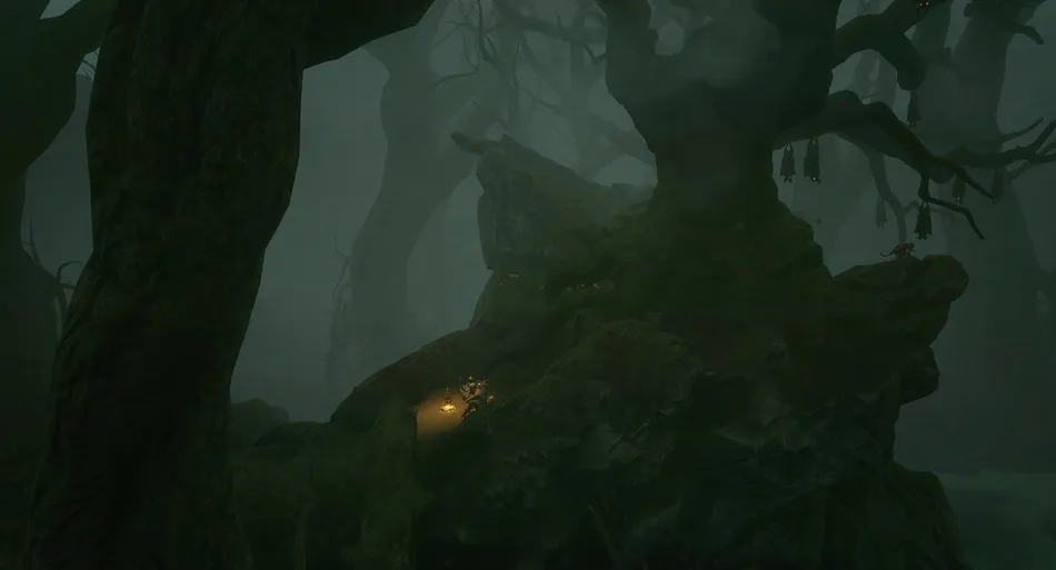 Busca el árbol con todos los murciélagos colgando de él;  Puedes encontrar a Baghead sentado en lo alto de la colina al pie.