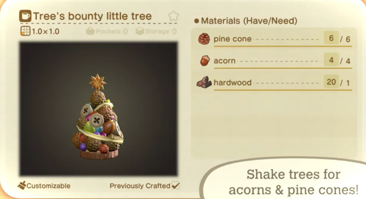 La receta del arbolito de recompensa del árbol como se muestra en un tráiler de New Horizons.
