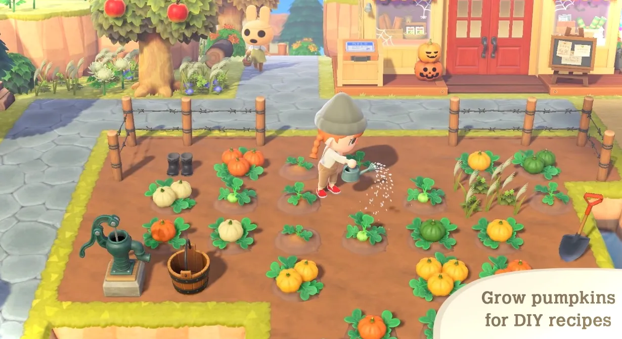 Regar un huerto de calabazas en la nueva actualización de Halloween de Animal Crossing.