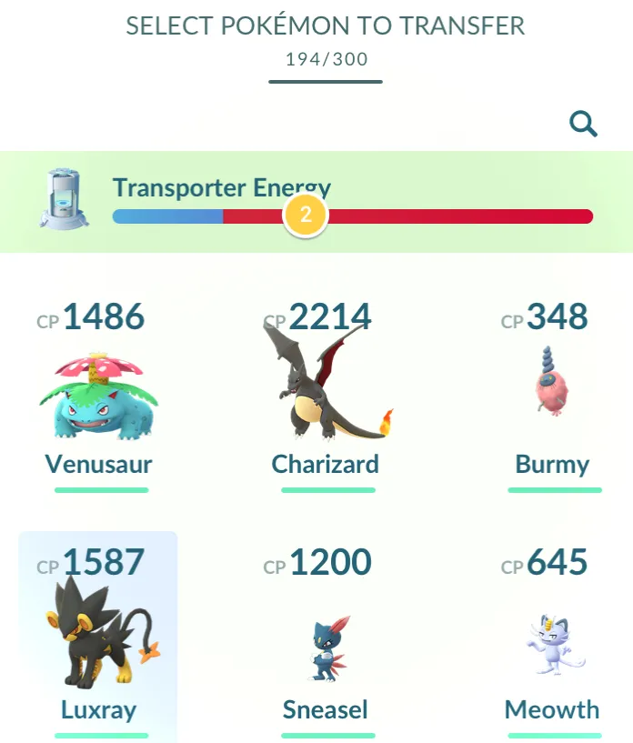 Pantalla de transferencia de Pokémon Go