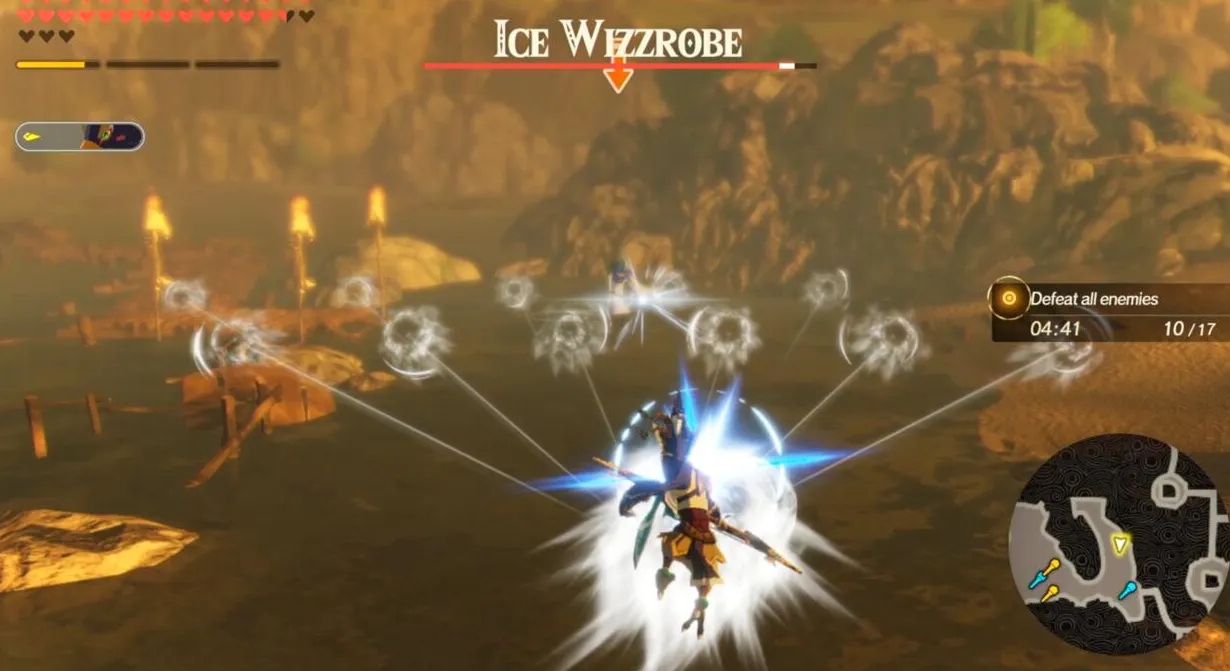 Al hacer tu combo C4 (botón Y x4 + botón X) en el aire y sincronizar perfectamente una habilidad Sheikah Slate, puedes deslizarte por el suelo a velocidades vertiginosas.