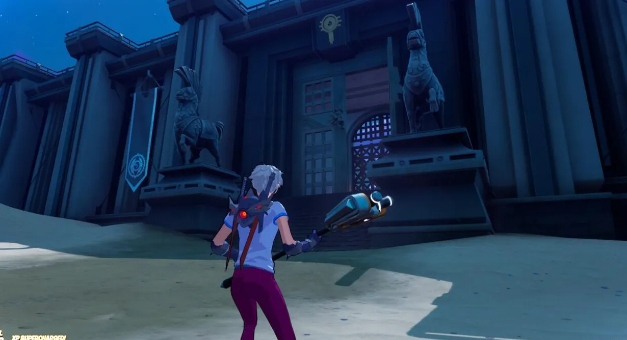 Estatuas de piedra cerca del Coliseo Colosal en Fortnite.