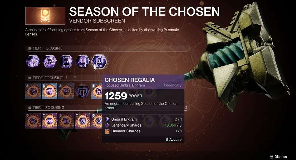 El Prismatic Recaster te permite enfocar los engramas umbrales para que te brinden un botón específico.  Para algunos, necesitarán acumular cargas de martillo, lo que requiere que utilice el martillo de prueba en los campos de batalla de la lista de reproducción.