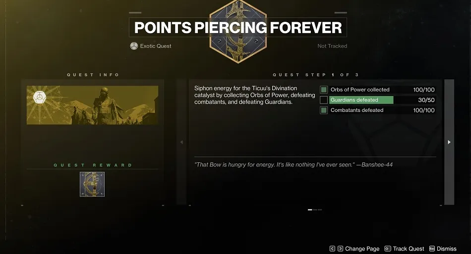 Acumular 100 muertes con Adivinación de Ticuu es bastante rápido; Los otros requisitos para este paso de la misión no requieren que mates con el arco.