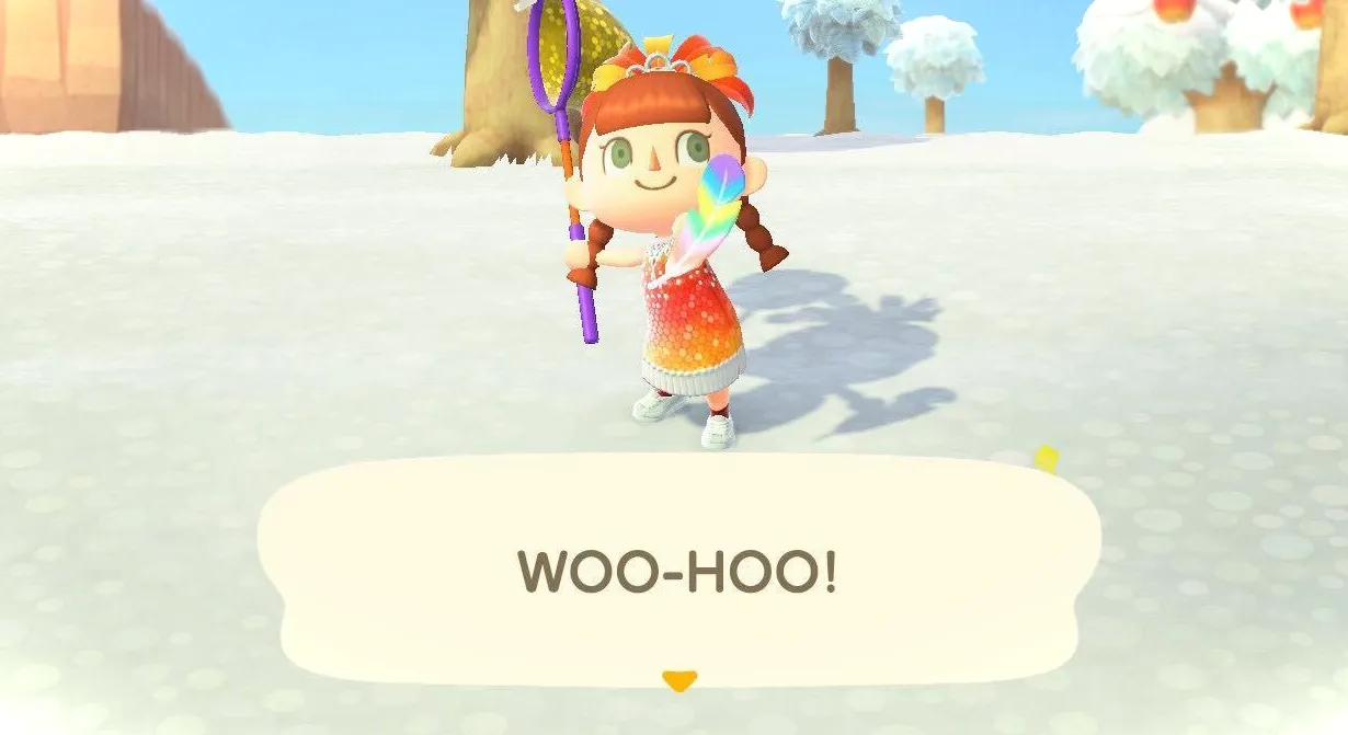 Atrapar una pluma de arcoíris en Animal Crossing: New Horizons.