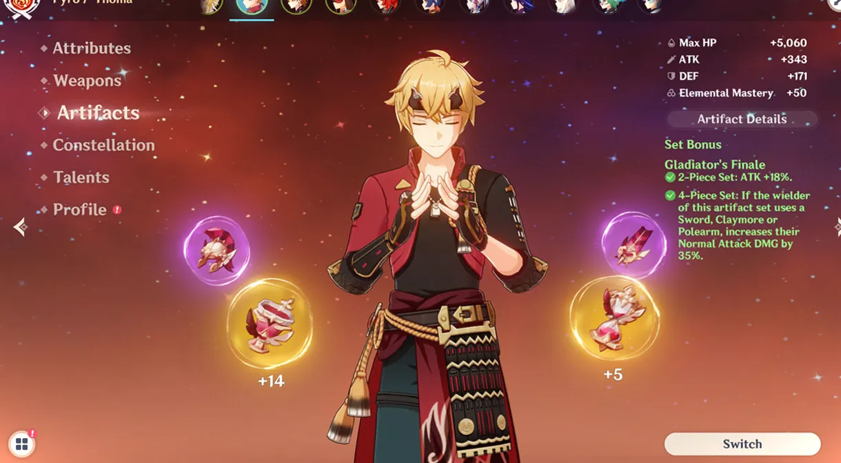 Equipar artefactos a tu personaje mejora sus estadísticas.