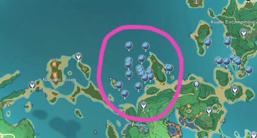 Ubicación agrícola recomendada por Sea Ganoderma, cerca de la playa de Nazuchi.  Crédito de la foto: Mapa interactivo de Teyvat.