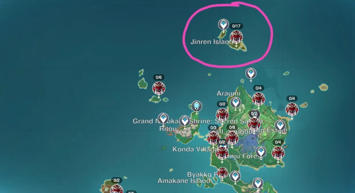 Los guardamanos recomendaron la ubicación agrícola: la isla Jinren.  Crédito de la foto: Mapa interactivo de Teyvat.