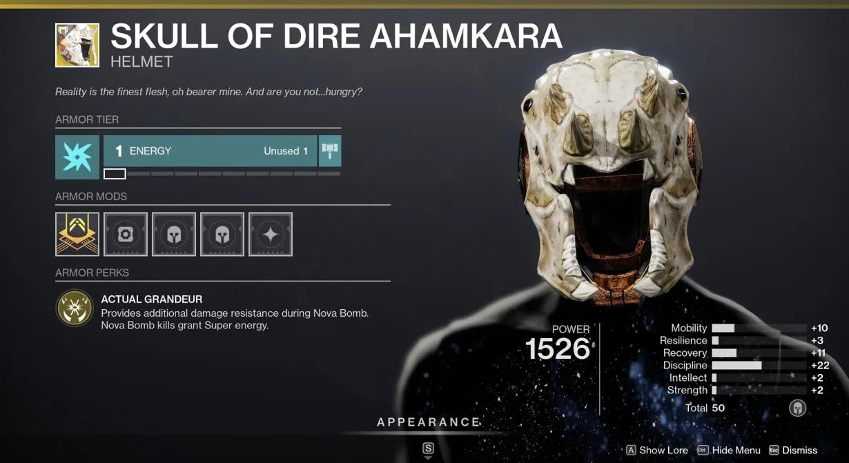 Si tu deseo es más Nova Bombs, Skull of Dire Ahamkara te lo concederá.