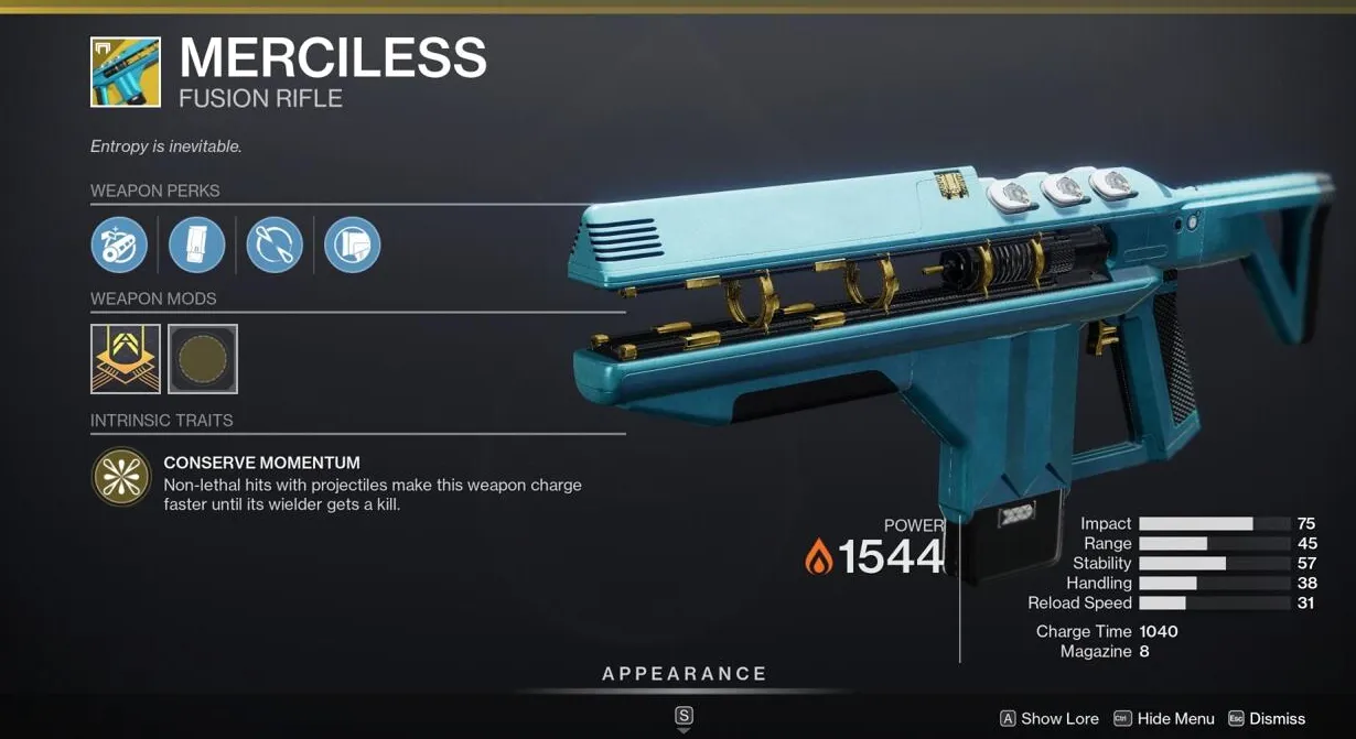 Merciless es un arma PvE afinada, ideal para infligir daño o eliminar enemigos más pequeños.