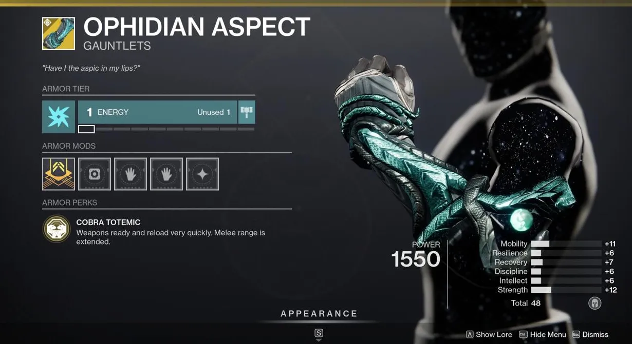 Ophidian Aspect es uno de los mejores Warlock Exotics;  Desafortunadamente, no deberías adquirir esta versión de bajas estadísticas.