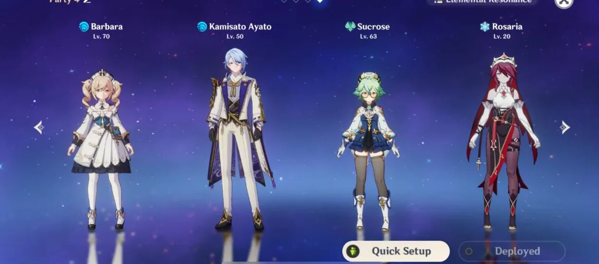 Competencia del equipo Ayato con Barbara, Sucrose y Rosaria.
