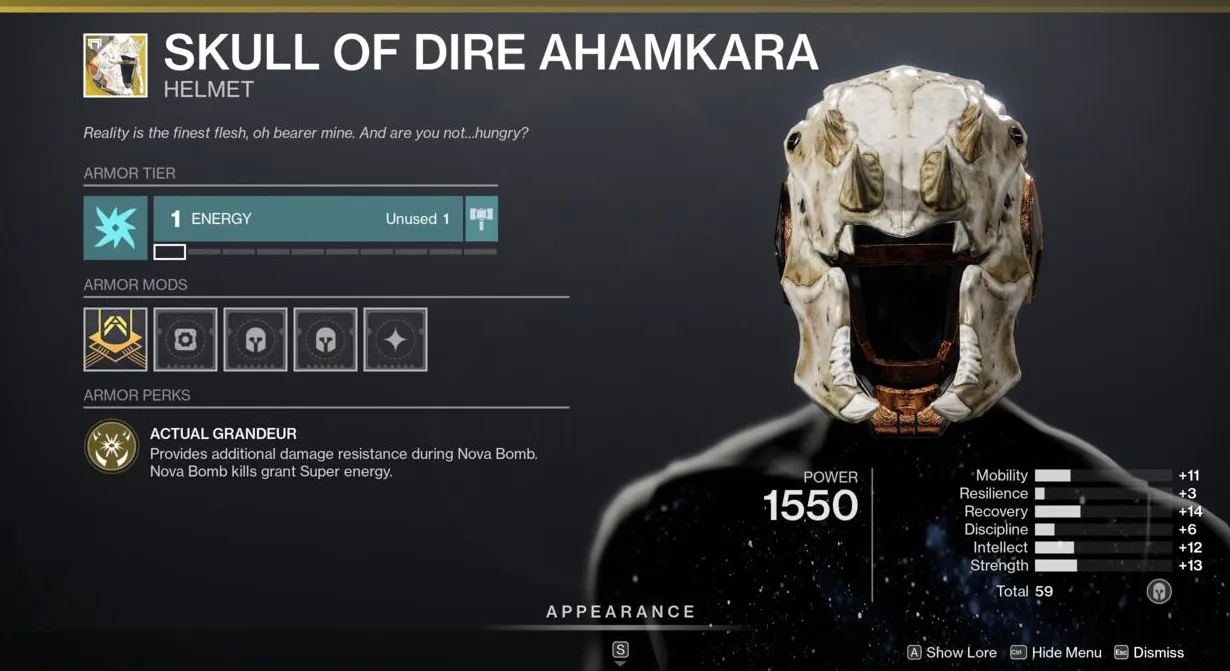 Skull of Dire Ahamkara ayuda a los brujos a fabricar bombas Nova para recuperar a sus Supers un poco más rápido.