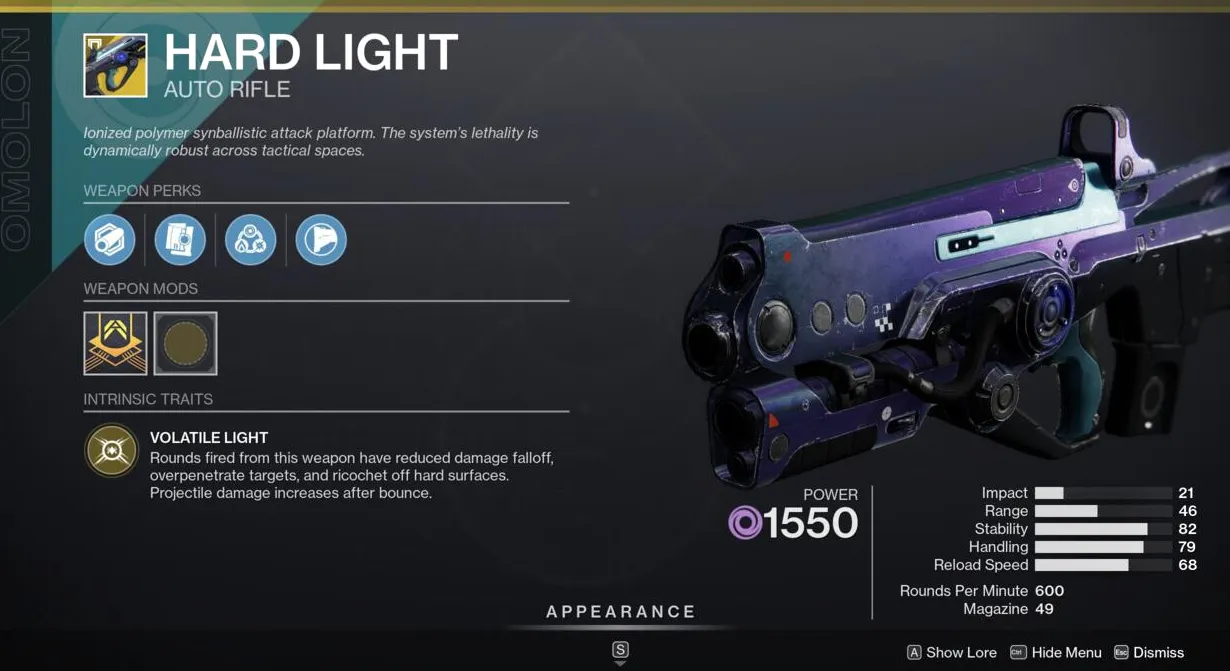 Hard Light, un rifle automático confiable, es ideal para contenido PvE cuando esperas enfrentarte a muchos tipos diferentes de escudos elementales.