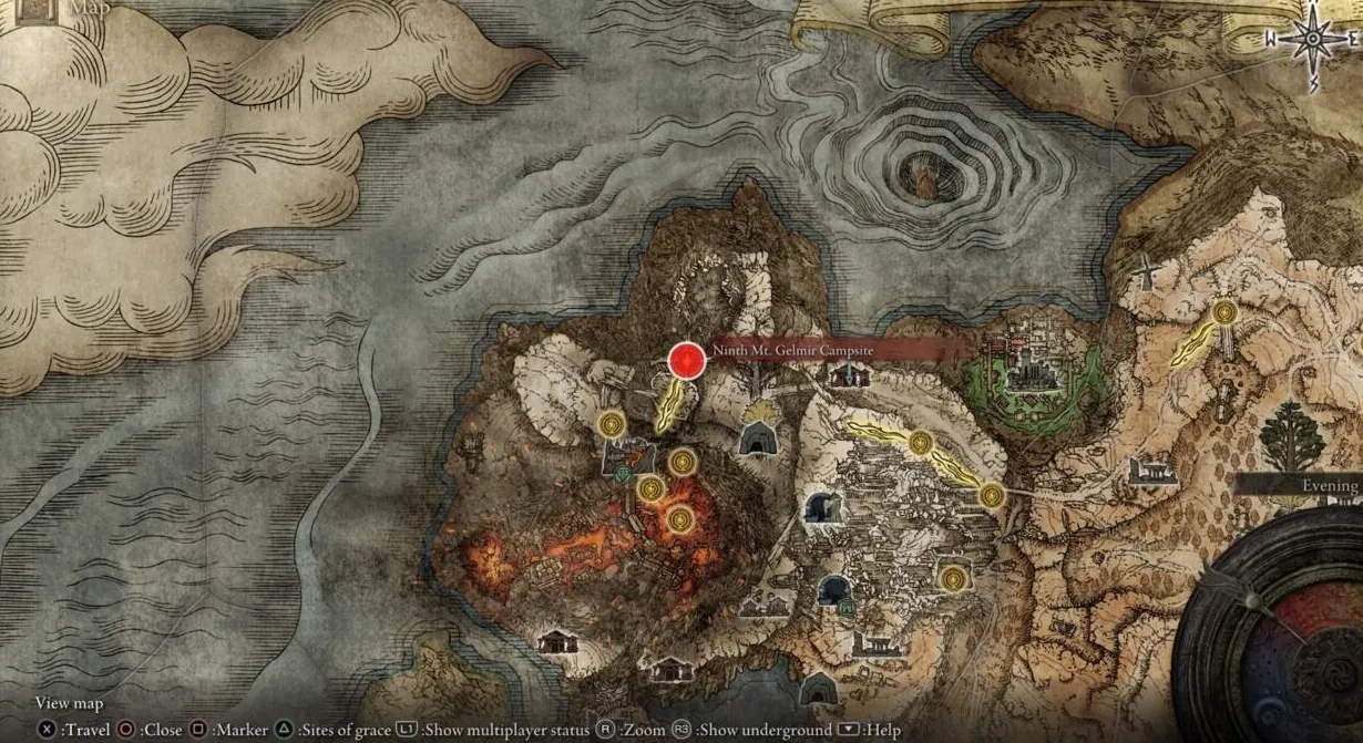 El campamento de Gracia del Noveno Monte Gelmir es el más cercano a la Bestia Fallingstar adulta.