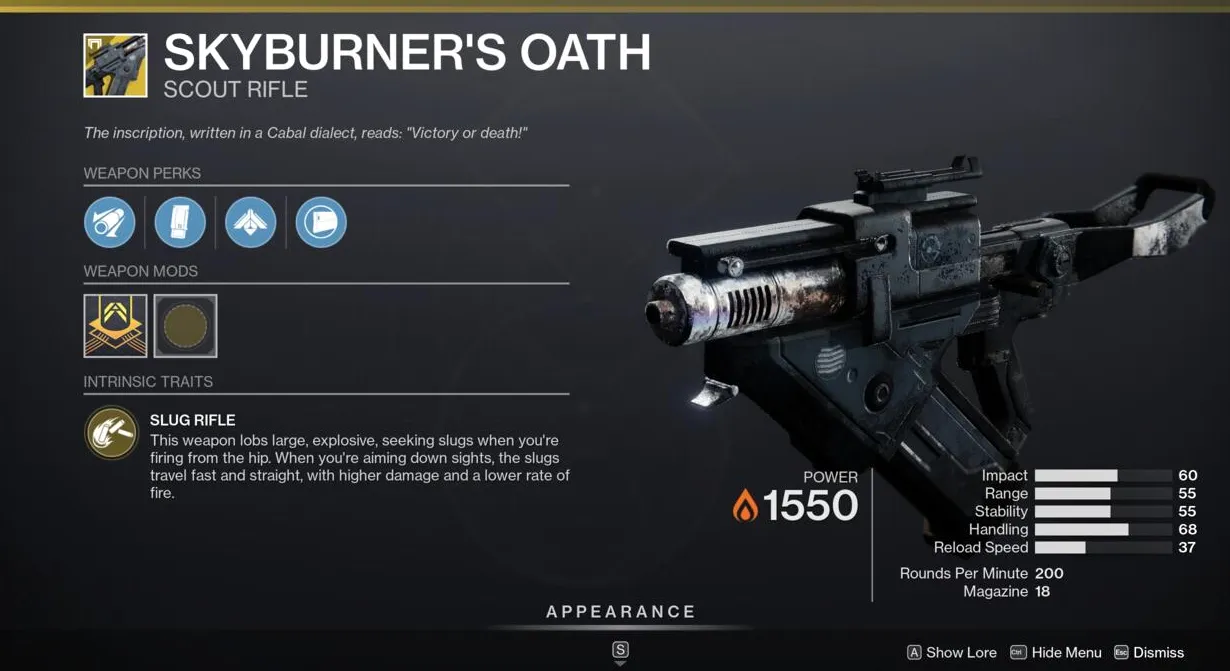 Dos modos de disparo y la capacidad de atravesar escudos Cabal hacen que Skyburner's Oath sea bastante útil en muchos casos, particularmente en algunas actividades PvE.