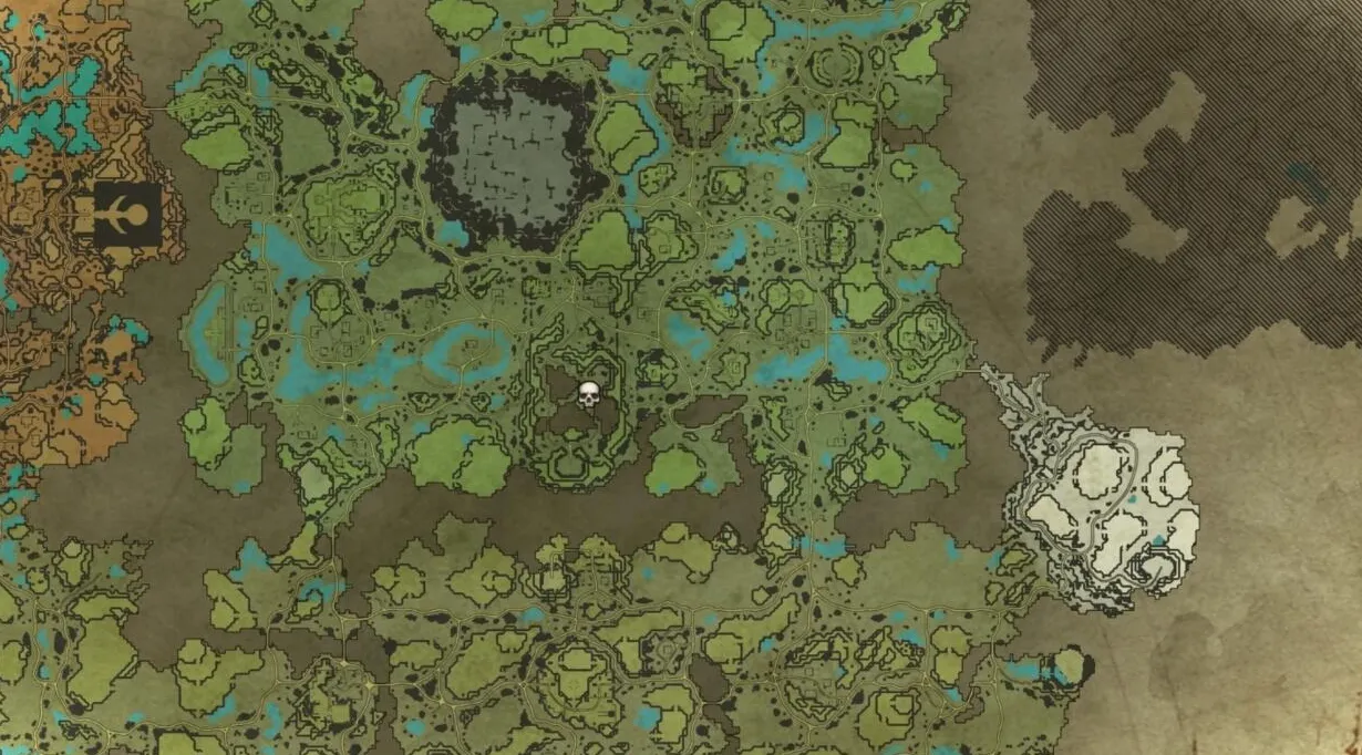 La ubicación de la Mina de Hierro Encantada está marcada por la calavera en el mapa.  Crédito de la imagen: vrising-map.com